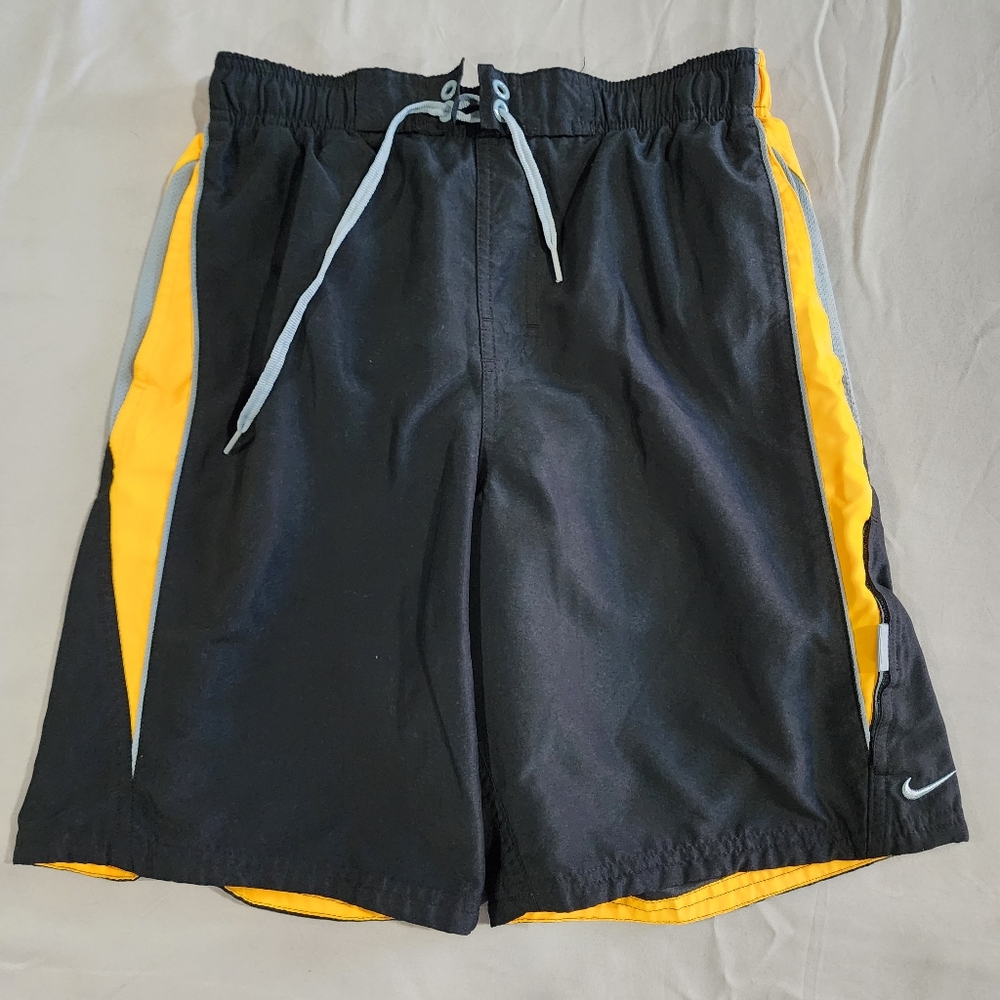 Nike Black and Yellow Swim Shorts with Moisture-Wicking Fabric